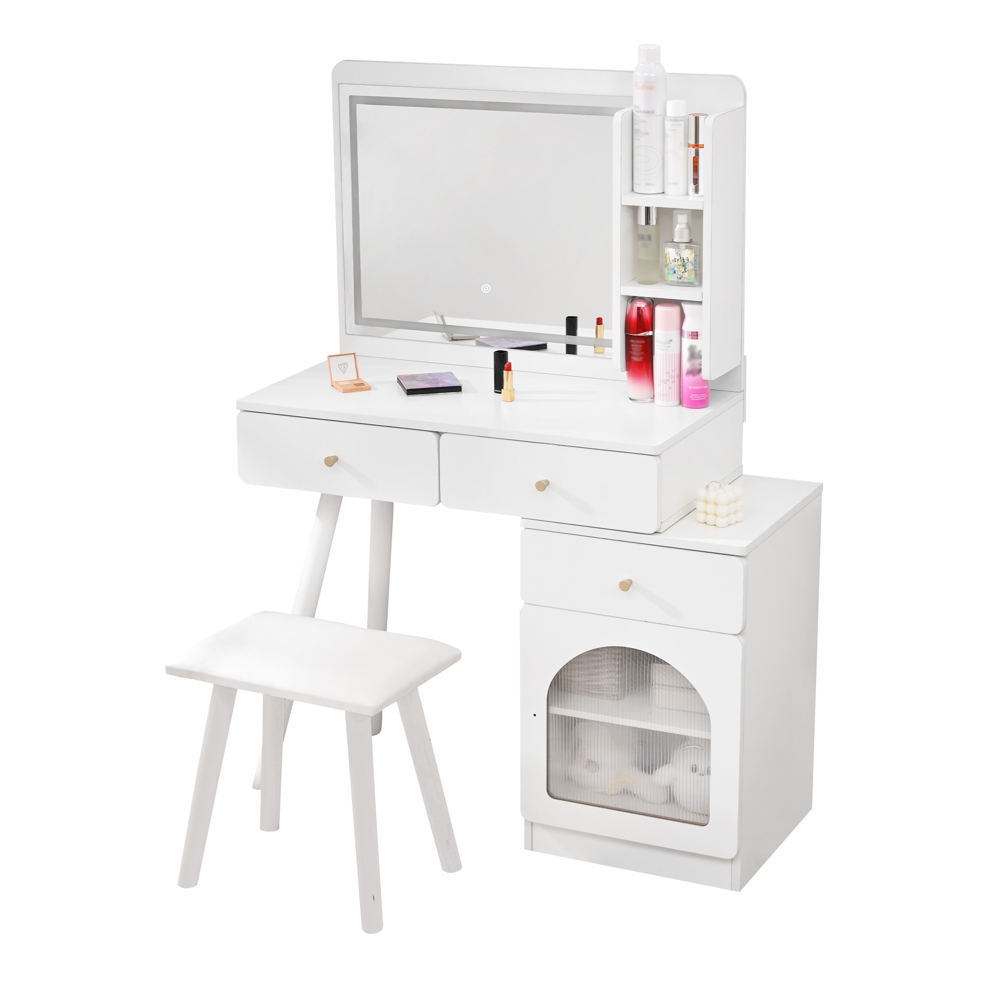 【即日発送】ドレッサー 化粧台 テーブル 鏡台 メイク台 LEDライト付き 3色LED スツール付き 引き出し 収納 サイド収納 メイク台 シンプル 姫系 大容量 可愛い