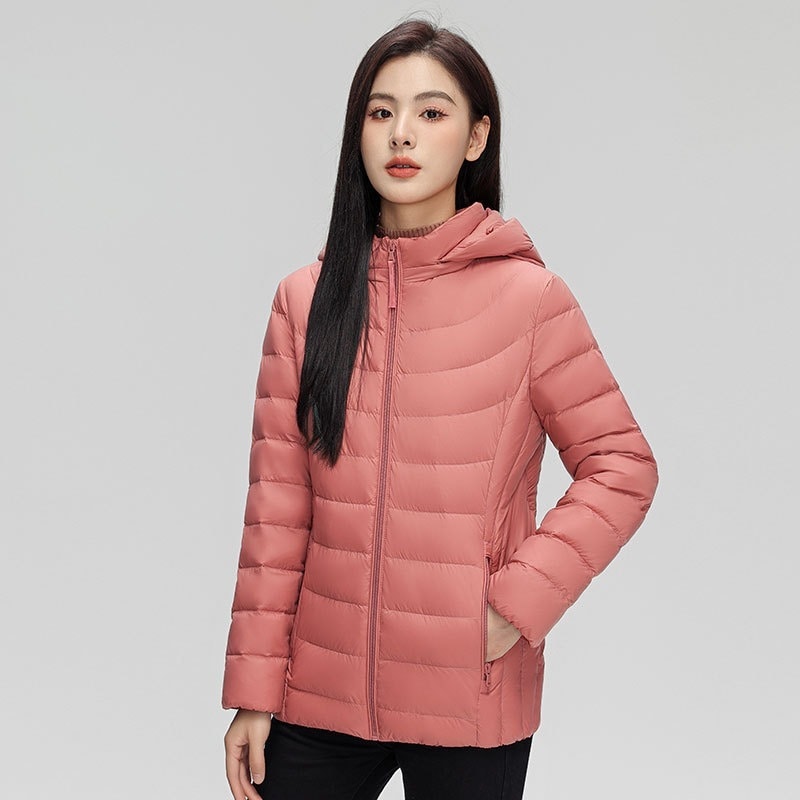 脱帽2023新型軽薄ダウンジャケット女性用ショートフード付き立襟薄手サイズ秋冬コート