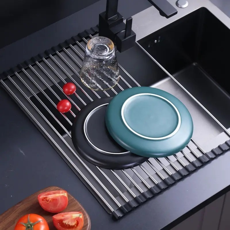 ステンレス製キッチンローラーシャッター ボウルホルダー 果物 野菜 皿 シンク 折りたたみ式 収納 304