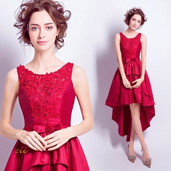 ノースリーブ パーティードレス Aライン サテン 赤 膝丈ドレス 前短後長 20代 高級 二次会ドレスお呼ばれ ドレス 30代 結婚式ドレス