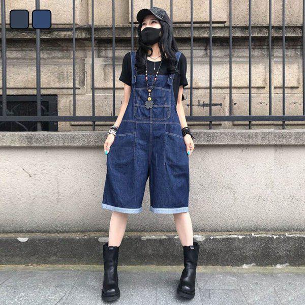 女性カジュアルビッグポケットシンプルデニムオーバーオールショートパンツLDW-OPS-SSIS919