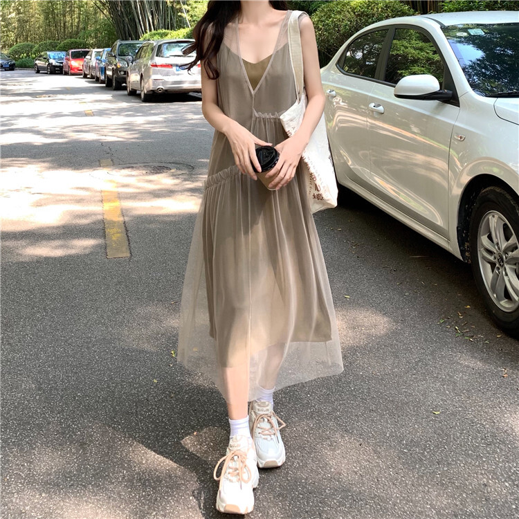 レディース ワンピース シアー 透け感 アシンメトリー ロング丈 大人かわいい 抜け感 シンプル カジュアル ノースリーブ カーキ 20代 30代 40代 通勤 通学 お出掛け 女子会