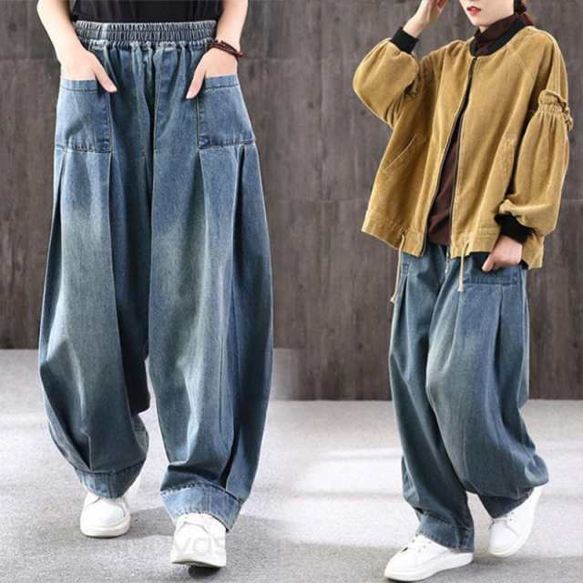 新品大人気デニムワイドパンツ レディース サルエルパンツ ゆったり デニムパンツ 九分丈パンツ デザイン 女性 ゆったり 体型カバー 着痩せ 大きいサイズ