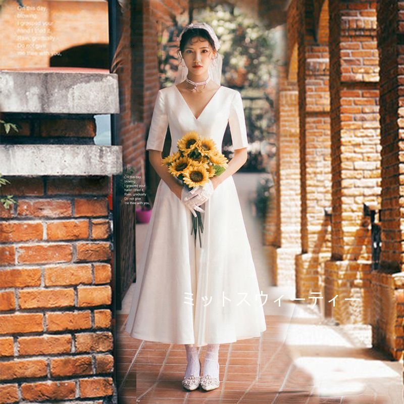 ウエディングドレス 5分袖 ウェディングドレス 二次会 ドレス 花嫁 Aライン 白 ワンピース 結婚式 発表会 vネック サテンスカート シンプルドレス 旅行 撮影
