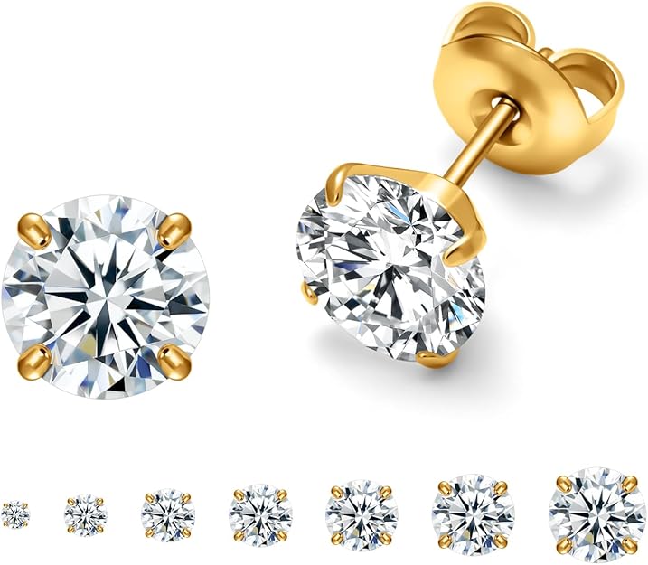 7組スタッドイヤリングセット低刺激性外科用スチールキュービックジルコニアイヤリング CZイヤリング 2~8mm