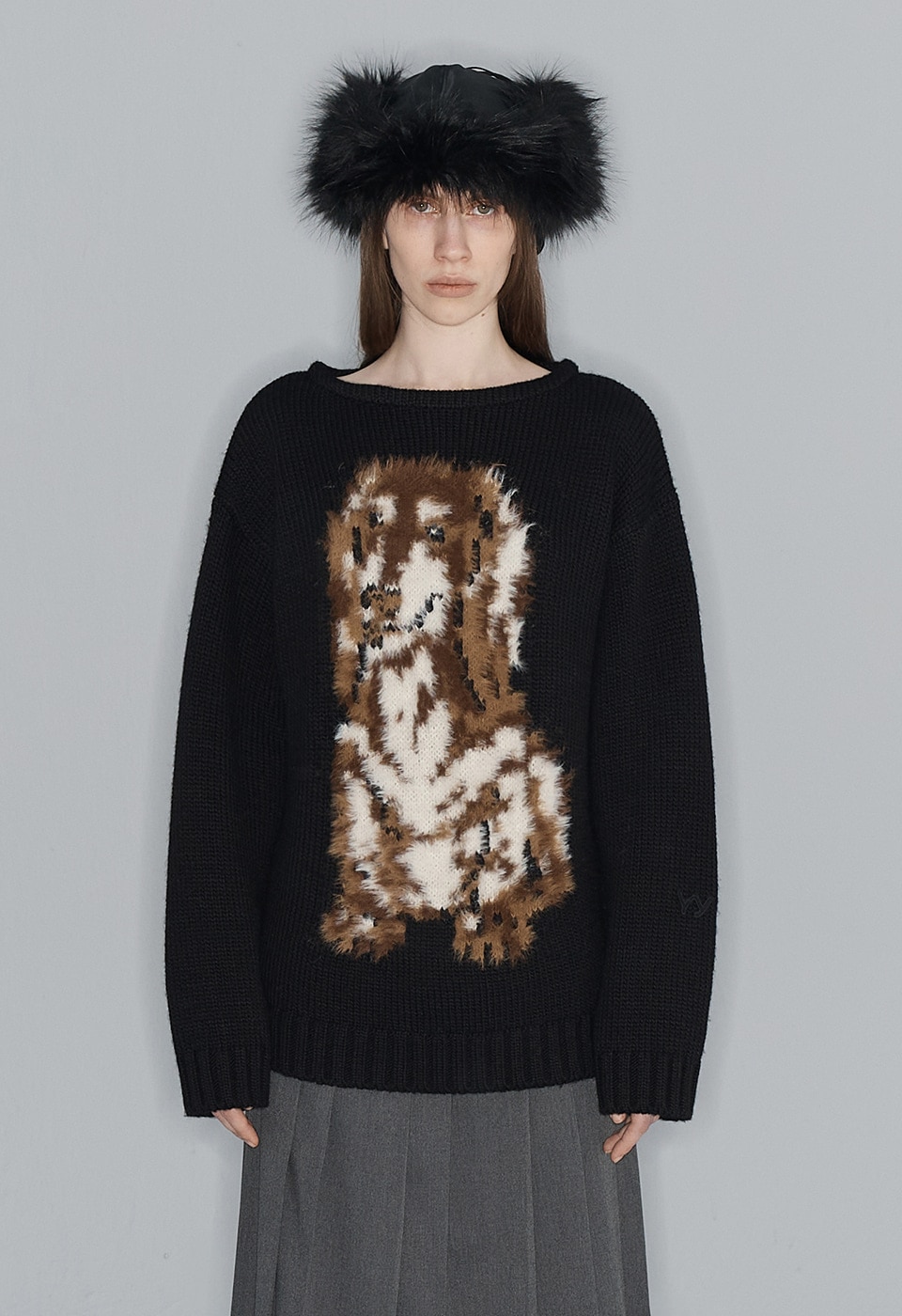 【OPEN Yy】 SHAGGY JACQUARD DOG SWEATER : BLACK
