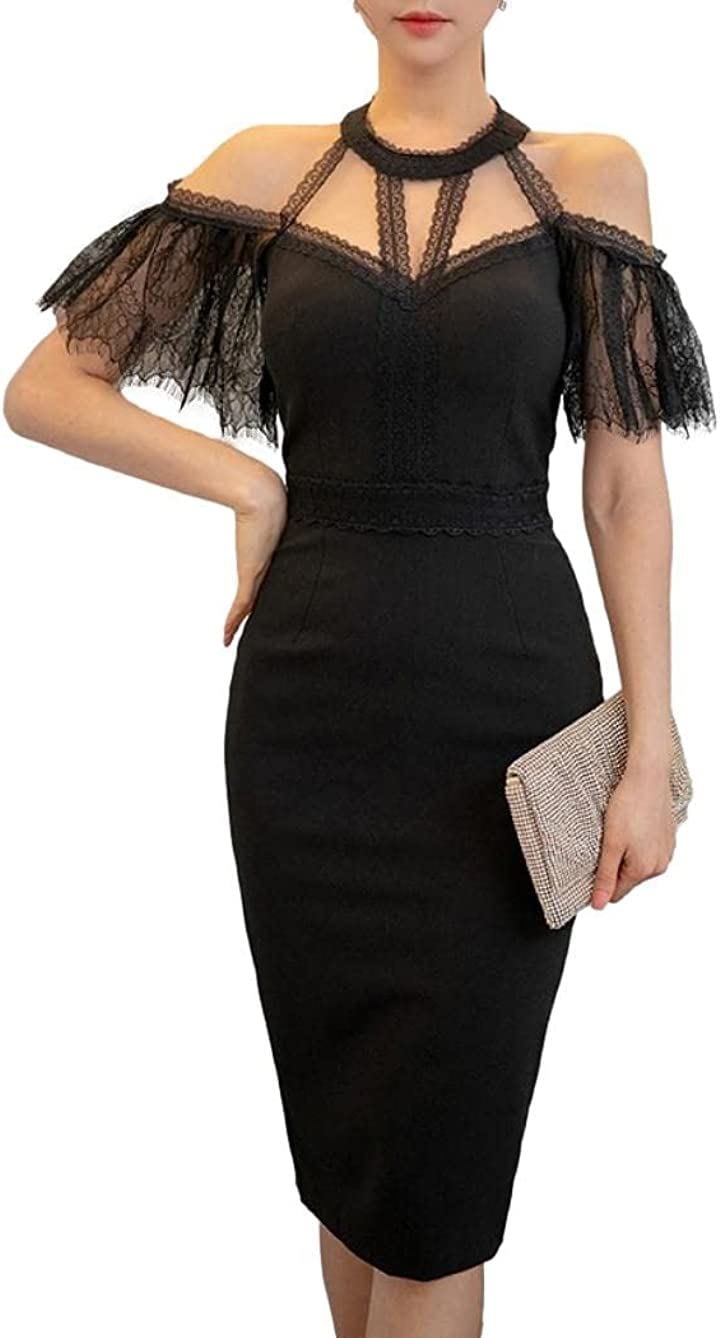 オフショルダー ワンピース リングネック タイト クラブドレス ひざ丈 レディース(ブラック, XL)