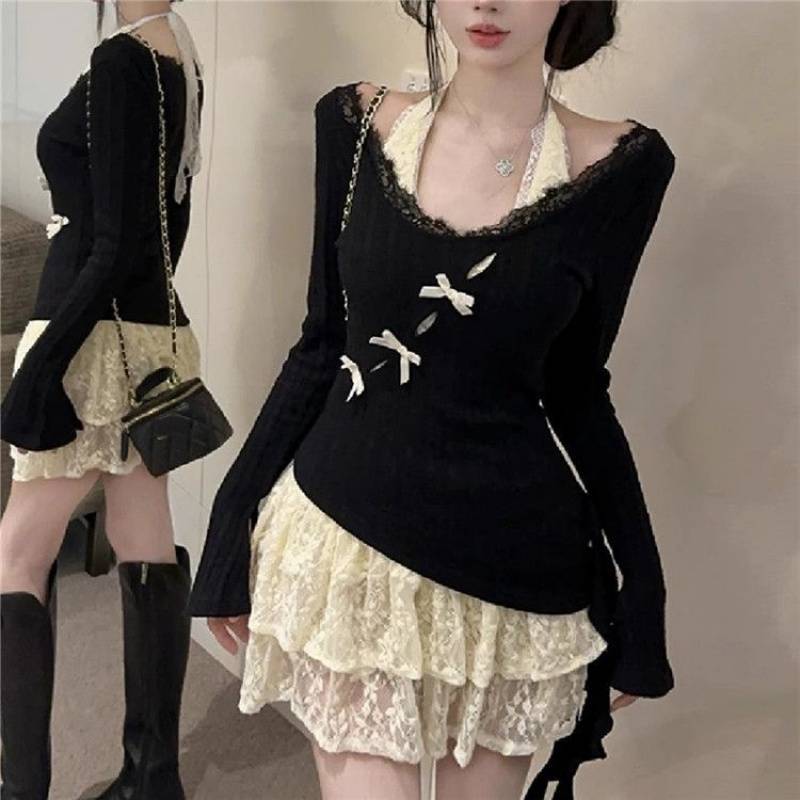 11 2024秋と冬の純粋な欲望スタイルのウエストとスリムなニットニット滑らかなレースインナードレス甘い気質2ピースセット r n1001-【ミルクアプリコットレーススカート +ブラックト