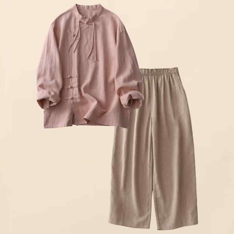 春 コーデ レディース ファッション オシャレ カワイイ シンプル きれいめ ナチュラル 上品カジュアル 婦人服 コットン 麻 ツーピース スーツ スタンドカラー ボタン 服 長袖 トップス シャツ