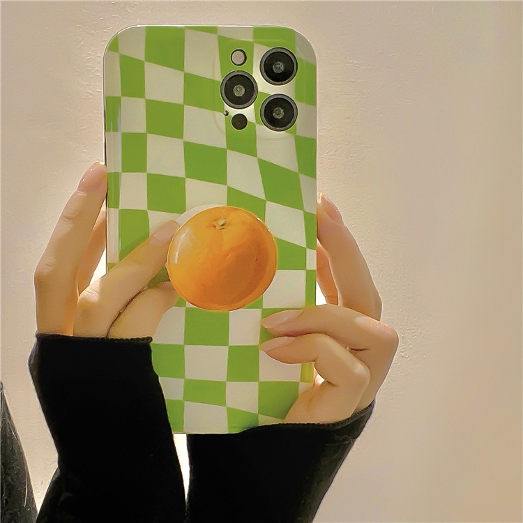 iPhone スマホケースinsグリーンチェック柄オレンジスタンド12 オープニングセール Max 【まとめ買い】 11Pro
