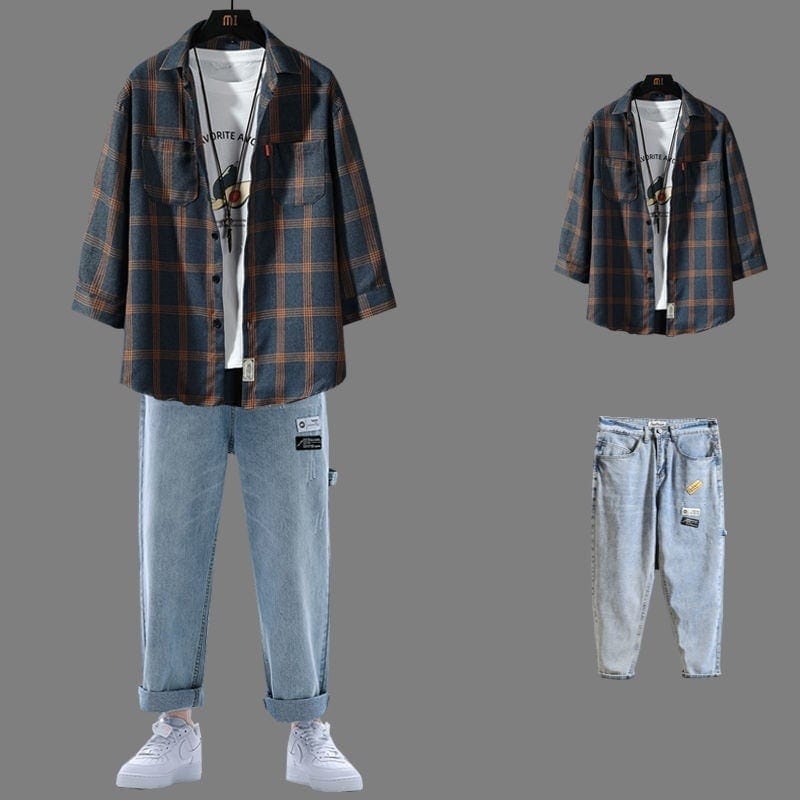 セットアップ 上下セット メンズ チェックシャツ+ジーンズ カーゴパンツ 夏服 ハンサム カジュアルセット