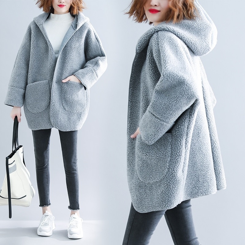 新型ひと足お先にボア韓版大サイズゆったりとした中長タイプのファッションフードパーカーコート