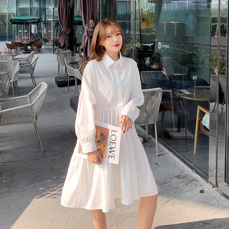 年春韓国女性無地ルーズAラインシャツワンピースラージサイズラペルホワイトスカート一世代 送料無料 驚きの値段で 一部地域を除く