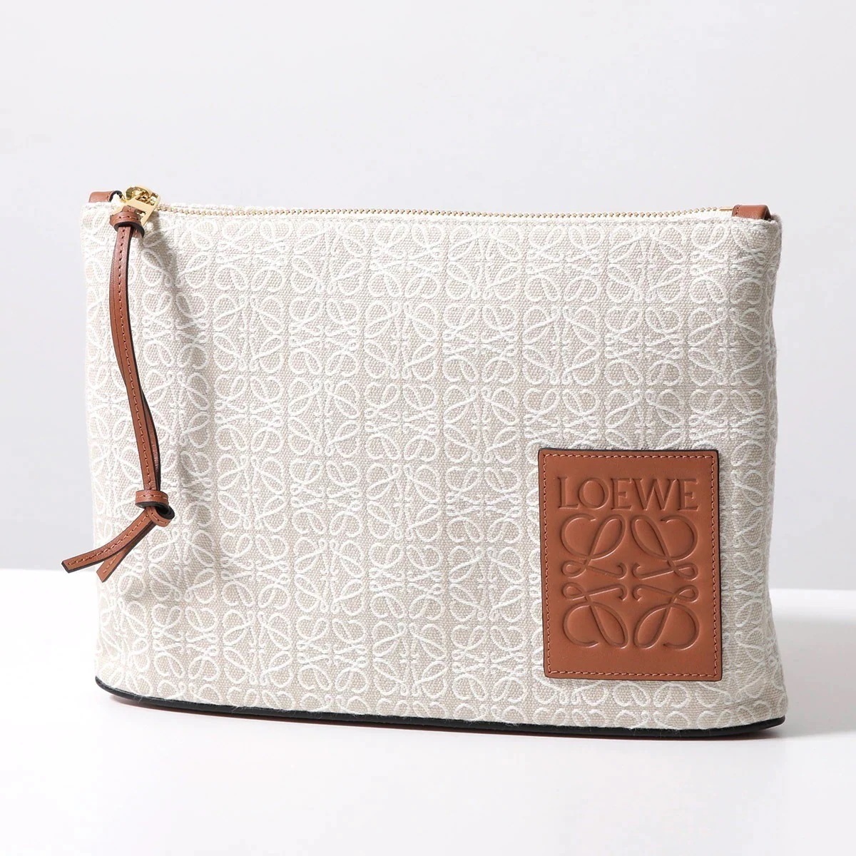 LOEWE ロエベ クラッチバッグ OBLONG POUCH オブロング ポーチ ジャカード＆カーフ C821C63X05 レディース アナグラム レザー 鞄 2426/ECRU/TAN