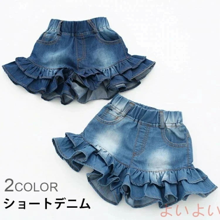 デニム 子供服 ショートパンツ ショートデニムデニムパンツ フリル ウエストゴム ウォッシュ 色落ち 薄手
