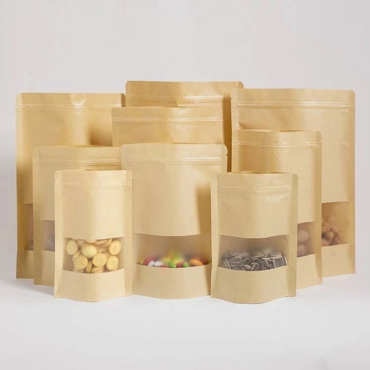 クラフト紙袋 窓付き チャック 付き 袋 密閉袋 コーヒー袋 20×30cm 防湿 防水 耐油 お菓子 ジップ袋 自立 ジッパー付き 紙袋 真空 防カビ 防臭 小分け袋 9×14cm 100 包装