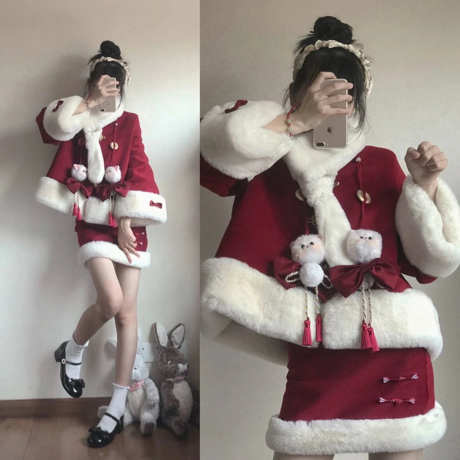 【3日出荷】サンタ コスプレ赤い毛織物のスーツスカート女加絨厚手学生秋冬ラム絨毯ゆったりコート2着