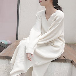 【即納】【春追加】 定番デザイン♡持っておきたいニットワンピース ワッフルニット マキシワンピース ワンピース ニット Vネック スリット入り 韓国 ファッション / Vネックワッフルマキシニットワンピース