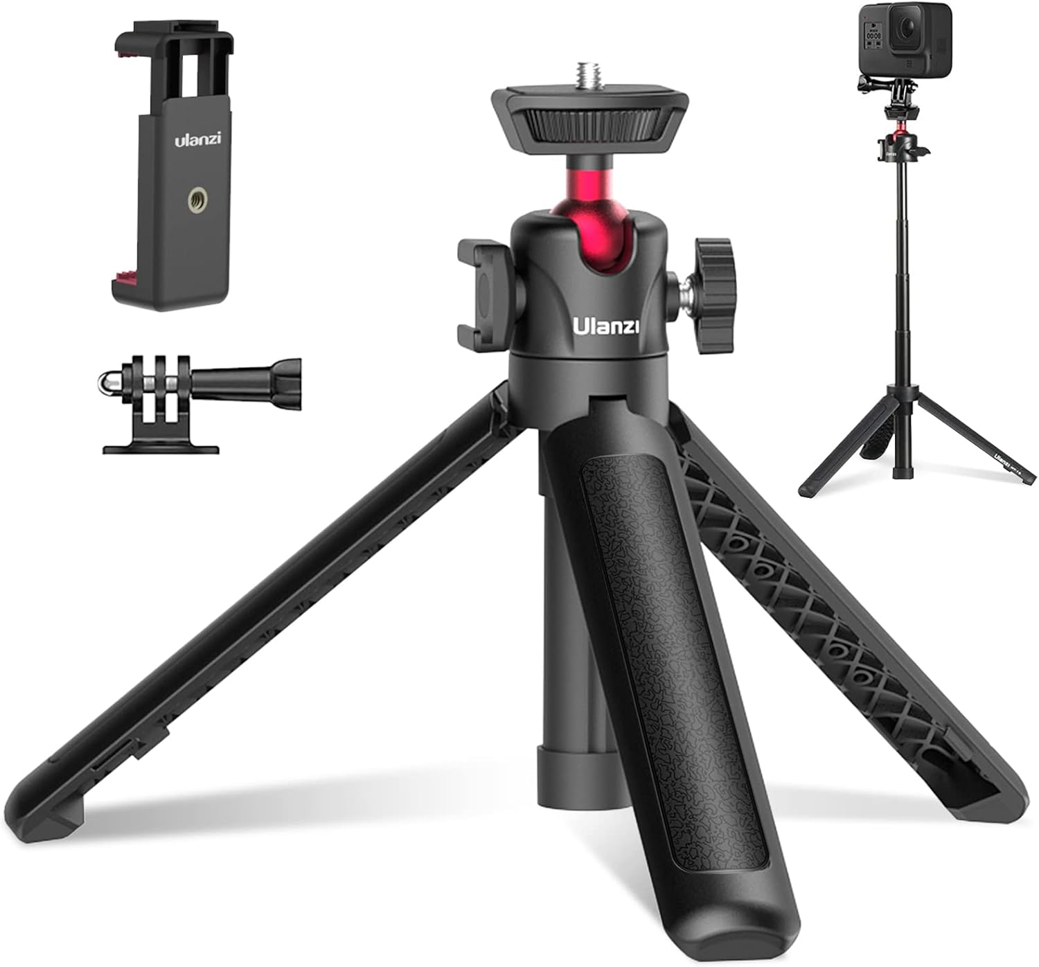 4段伸縮のミニ三脚 スマホクリップとホットシュー付き 360度回転対応 卓上使用可能