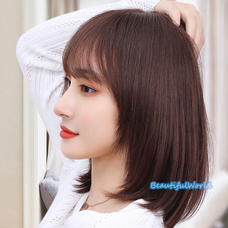 ウィッグ レディース 人毛100％ 自然ミディアムフルウィッグ ボブウィッグ 医療用ウィッグ 前髪 かつら ゆるふわ 通気 小顔効果 かわいい金髪 黒髪J189