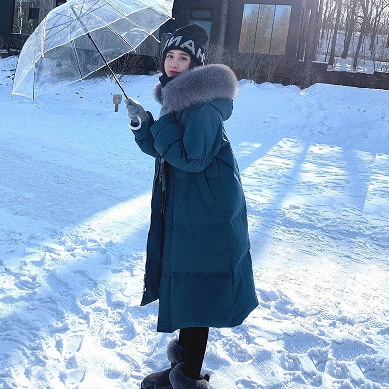 2024 フード付きホワイトダックダウンジャケットレディースミドル丈ゆったり厚手コート