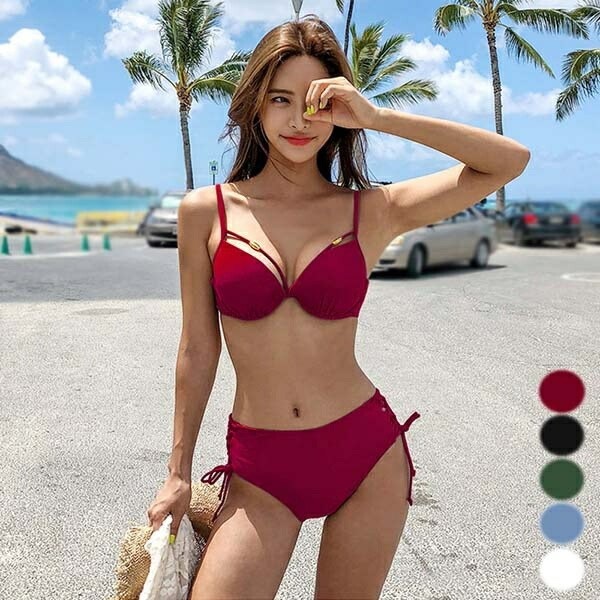 【M/L/2L】ビキニ 水着 レディース セクシー ワイヤー入り 2点セット 上下セット 小胸 プチ胸 海 ビーチ 沖縄 プール 温泉 パッド ワインレッド ブルー グリーン ブラック ホワイト df