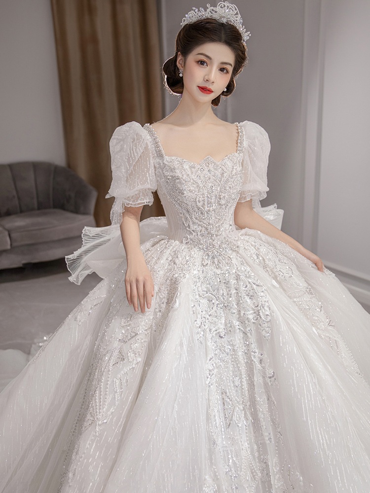 フランス式軽ウェディングドレス2024新婦主糸小柄妊婦ハイウエスト高級質感大曳尾迎賓糸