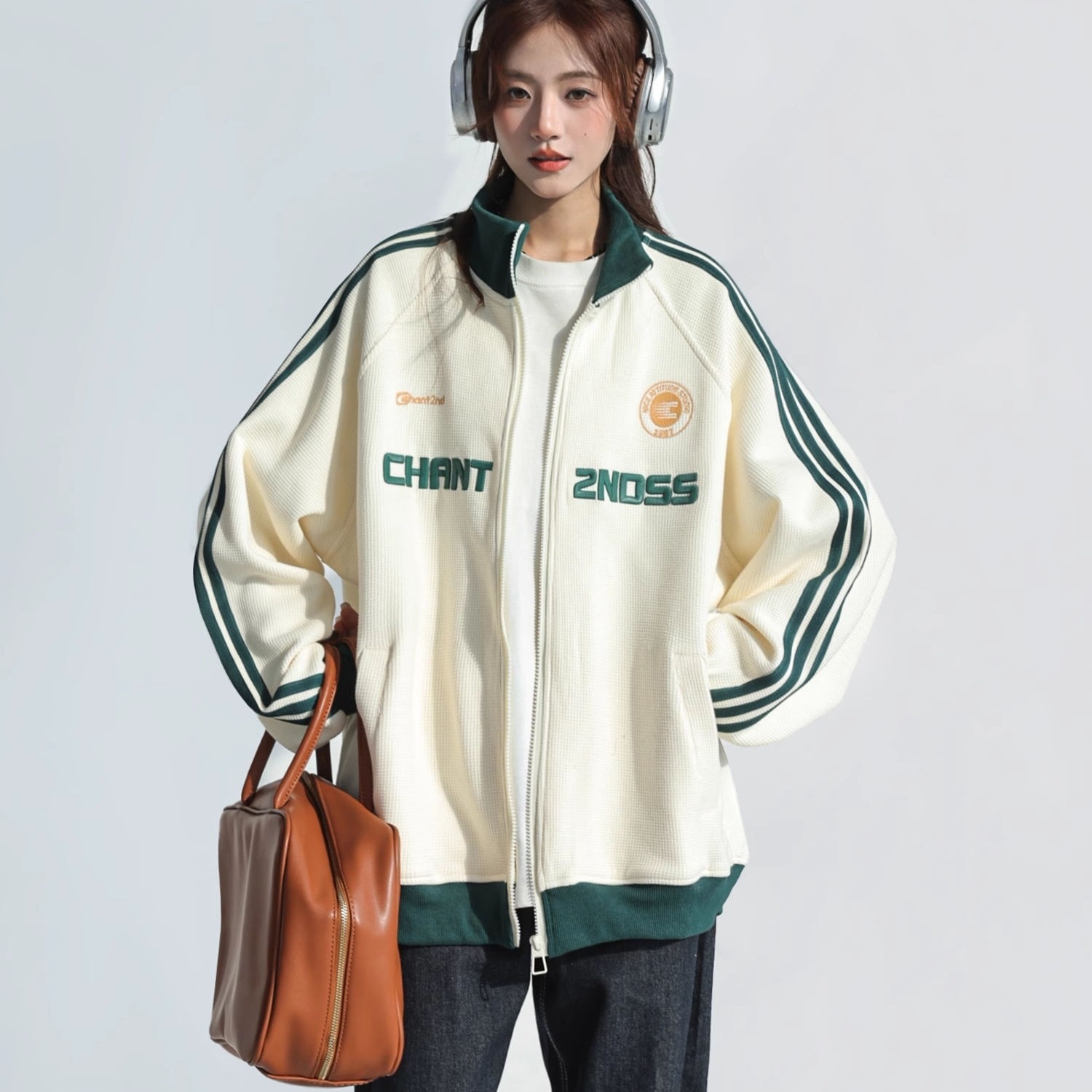 2025 春夏 韓国 かわいい レディース バイカラーハイネックスタンドネックアウター羽織りスポーティー長袖配色コーデトップススポーツサイズサイドカジュアルシルエットファッション系フル丈トラック