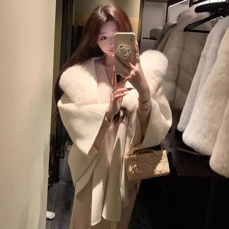 【急速出荷】マント秋冬新両面カシミヤコート女性帽子キツネ毛中長モデルウール毛皮コート