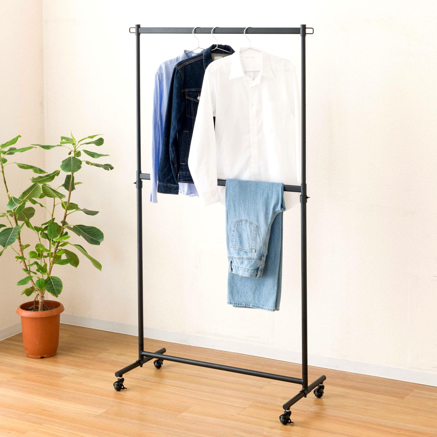 ドウシシャ ハンガーラック 2段式パイプハンガー 幅100cm 耐荷重120kg 頑丈 黒 ブラック おしゃれ 可愛い LIH2-100BK 幅100×奥行42×高さ117~183.5cm