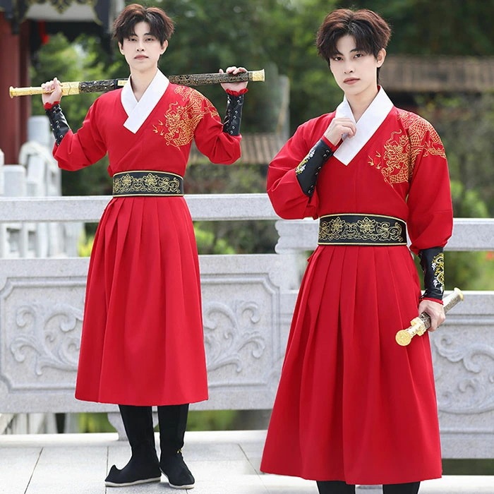 2025新作入荷 漢服 唐装 中華コスプレ衣装 新作 男性用中国コスプレ衣裳 明王朝 漢服唐装 制服 飛魚服 メンズ 中華舞台ステージ衣装 龍刺しゅう ベルト 袖カバー 衣装3点セット チャイナ服 交