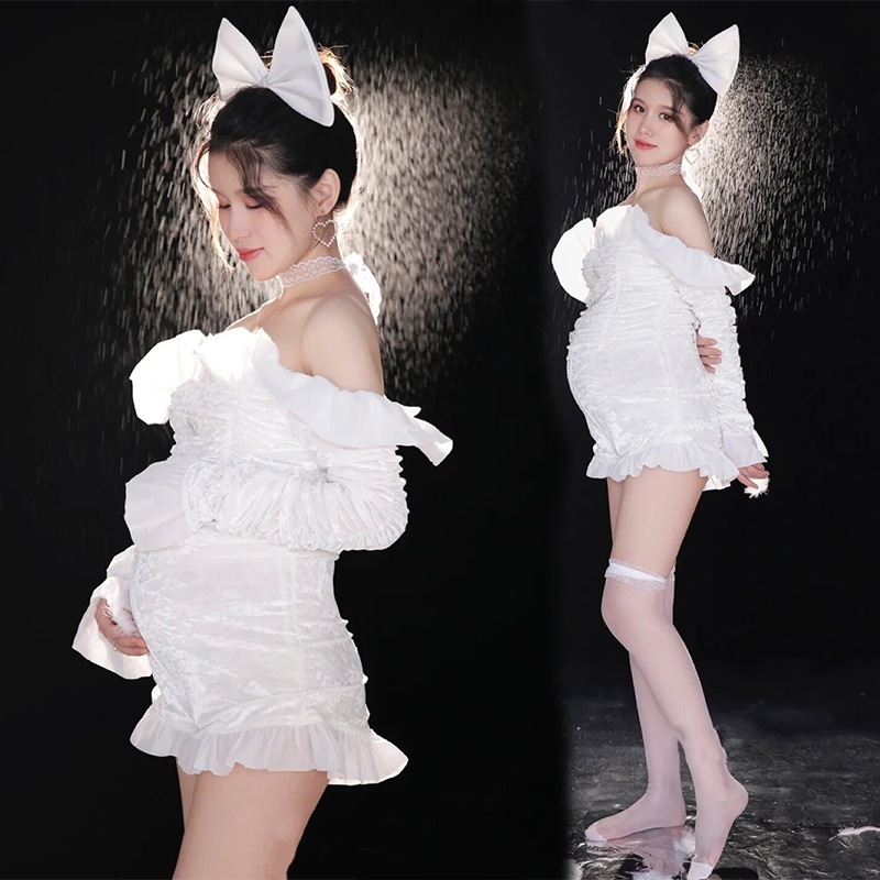 春節が近づくと！お店も休みに入ります ！2/20日以降のみ発送可能です！マタニティフォトドレス ハイウエスト 胸元 sexy レース ワンピース 撮影 記念写真 妊婦服