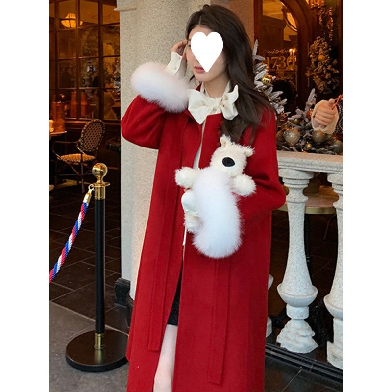 【送料無料】上品な雰囲気のストリーマーウールコートのレッドバージョンクリスマスミドルコート47 7,226円