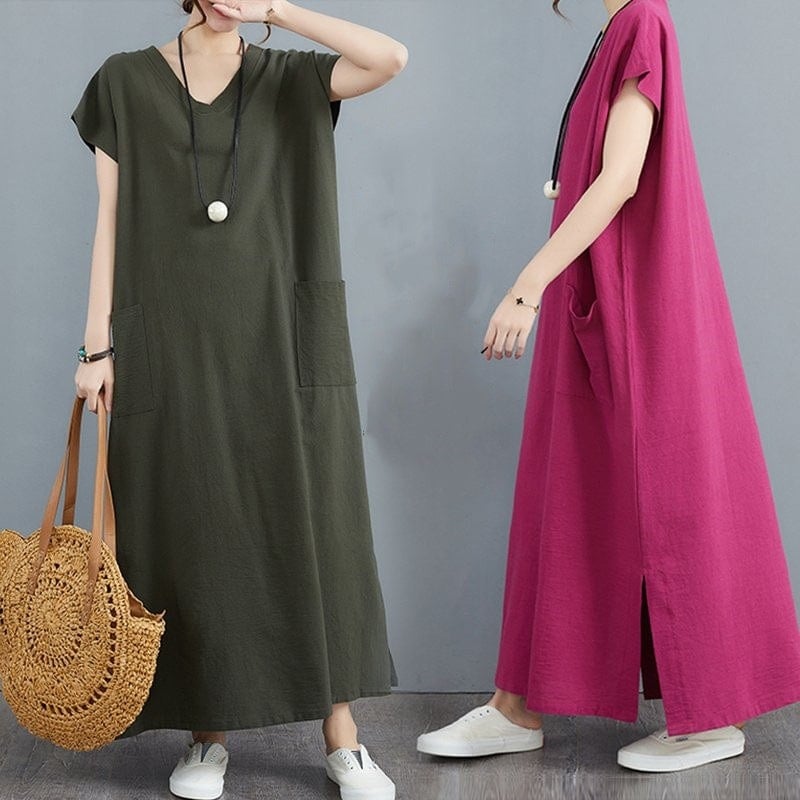 ワンピース マキシワンピース チュニック ロング レディース 半袖 40代 ゆったり 体型カバー ロングワンピ 部屋着 着痩せ ルームウェア vネック 夏 春 マキシ水着ワンピースuvカットパーカー