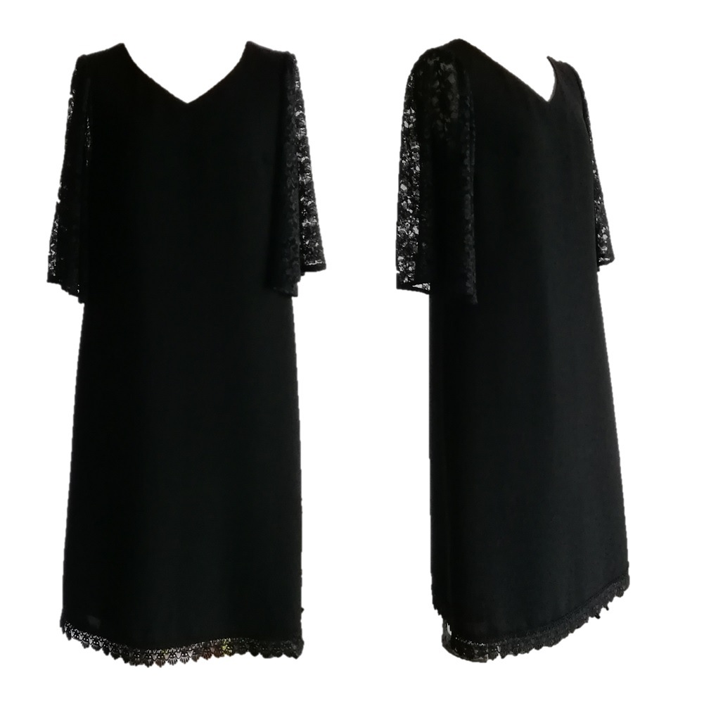 喪服でも使える袖レースのパーティードレス7L 8L 9L 10L ブラックフォーマルワンピース 礼服　日本製　135800-3