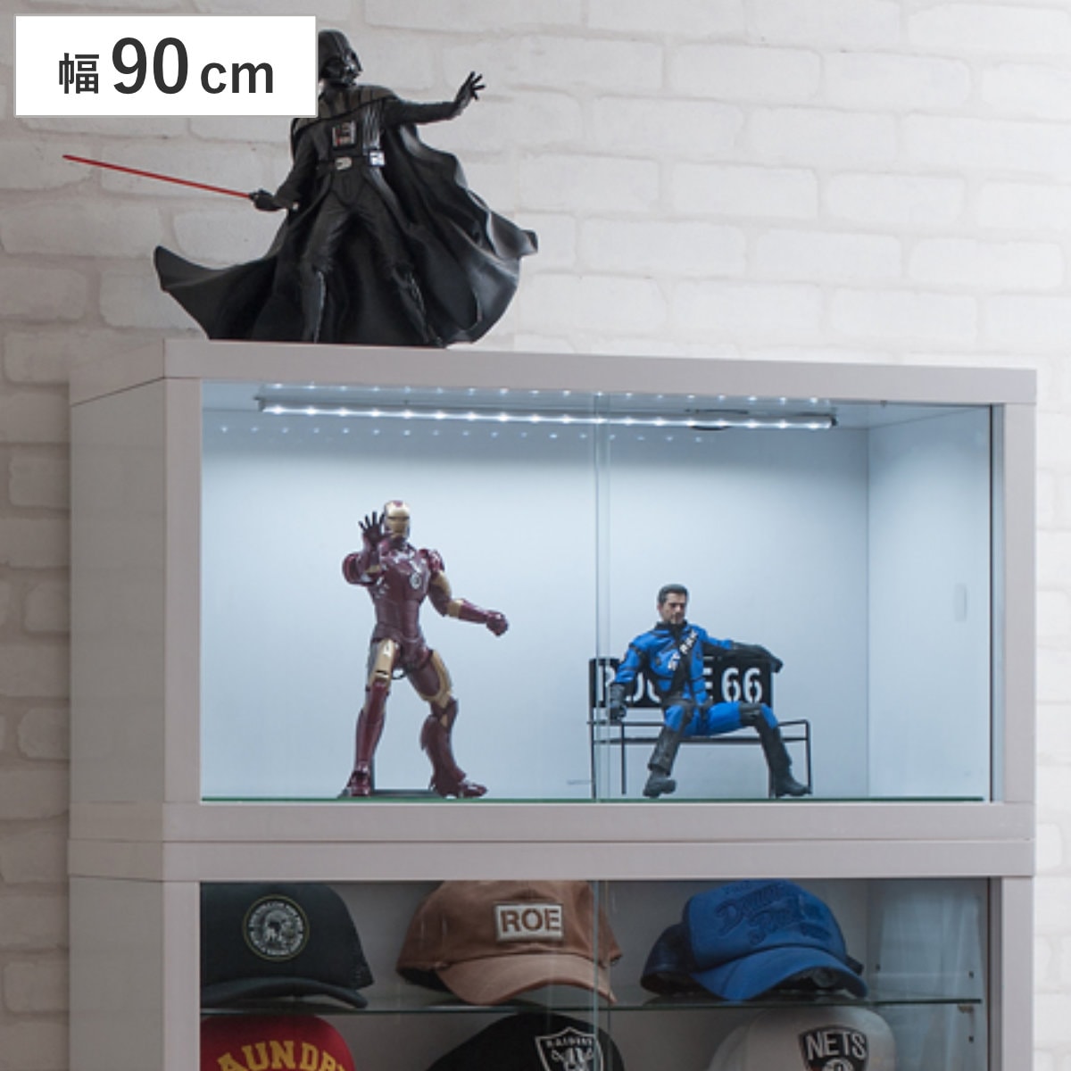 コレクションボード オープンタイプ LEDライト付き 幅90cm 艶有り仕上げ recta コレクションラック ディスプレイ 照明 収納 棚 引出し 艶あり 組み合わせ ガラス天板