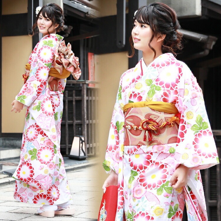 レンタル最大20日間当店オリジナル 成人式 振袖 レンタル 20点フルセット 派手白地に七宝と菊 成人式 結婚式 フォーマル