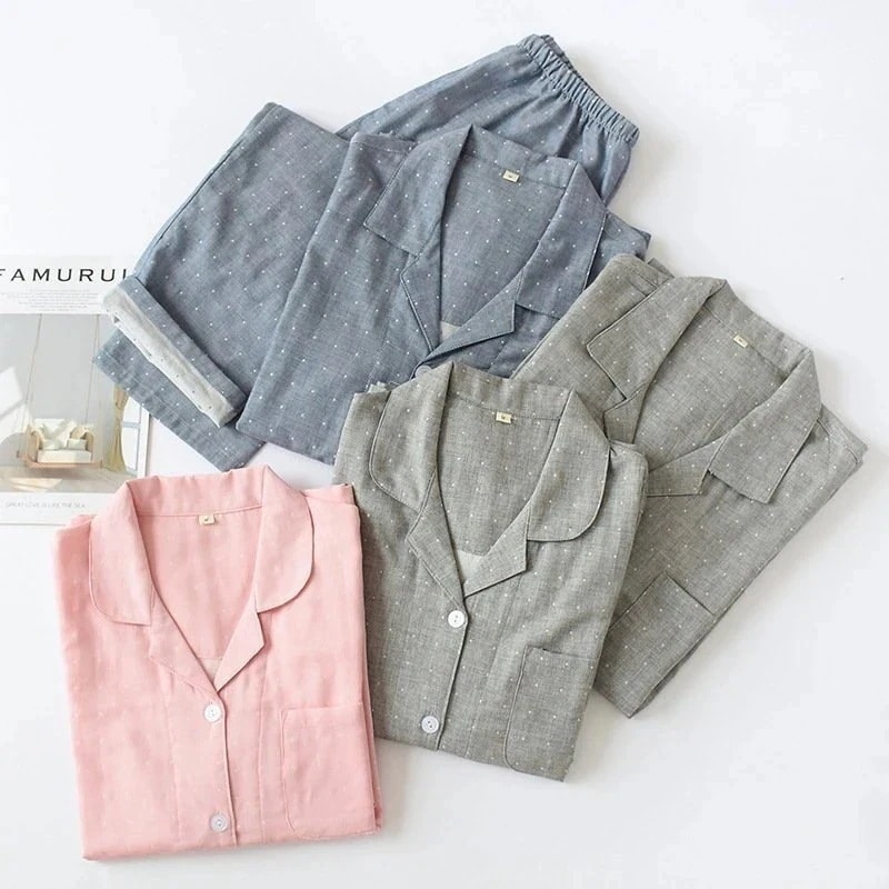 [10 アイテム] ガーゼパジャマ 二重 綿100％ガーゼ 前開き 襟付き 長袖長ズボンペアパジャマ 夫婦お揃い 上下セ-a01