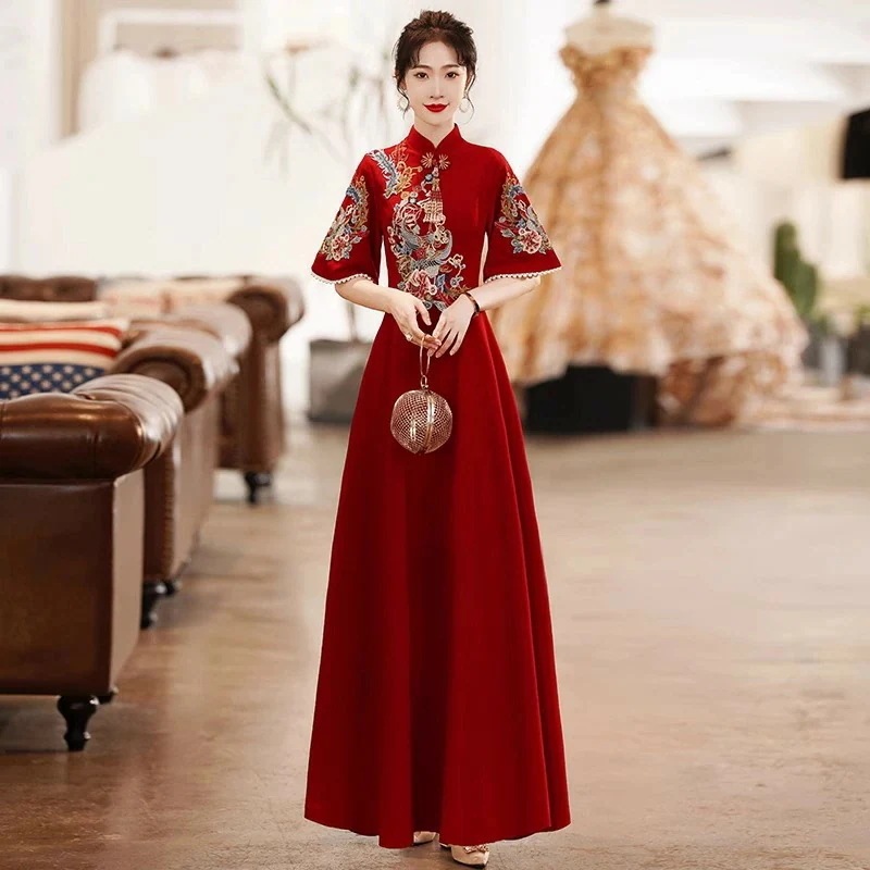 お得な組み合わせ！チャイナドレス ロング丈 マキシ丈 ミディアム丈 チャイナ ドレス 中国風結婚式 花嫁ドレス 七分袖 改良中華ドレス ワインレッド 金色な刺繍 中国風ウェディングドレス 中華服 チャ