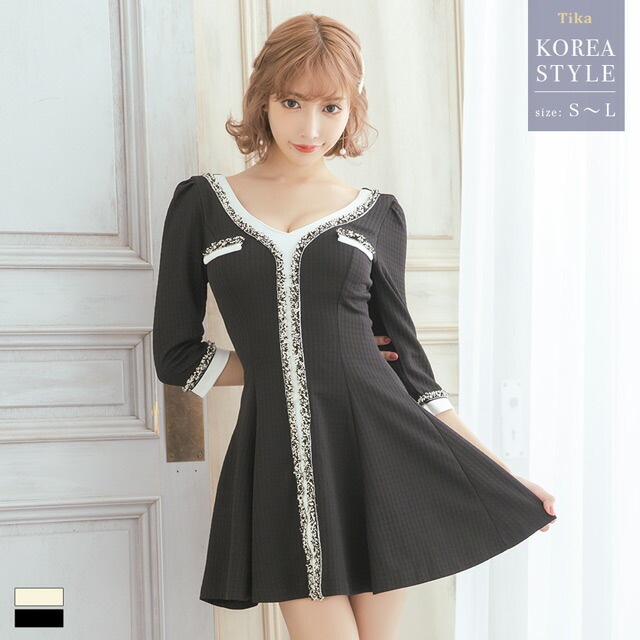 韓国 ドレス 大人 キャバドレス 袖あり キャバ ドレス ミニドレス ブラック ホワイト L 大きいサイズ キャバ嬢 キャバクラ ドレス ミニ ドレス ワンピース セクシー 韓国ドレス 黒 白 膝