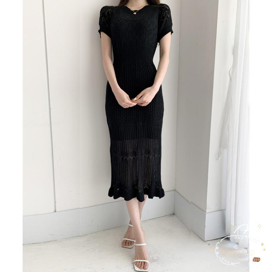 透かし編みニットワンピース2点セット韓国