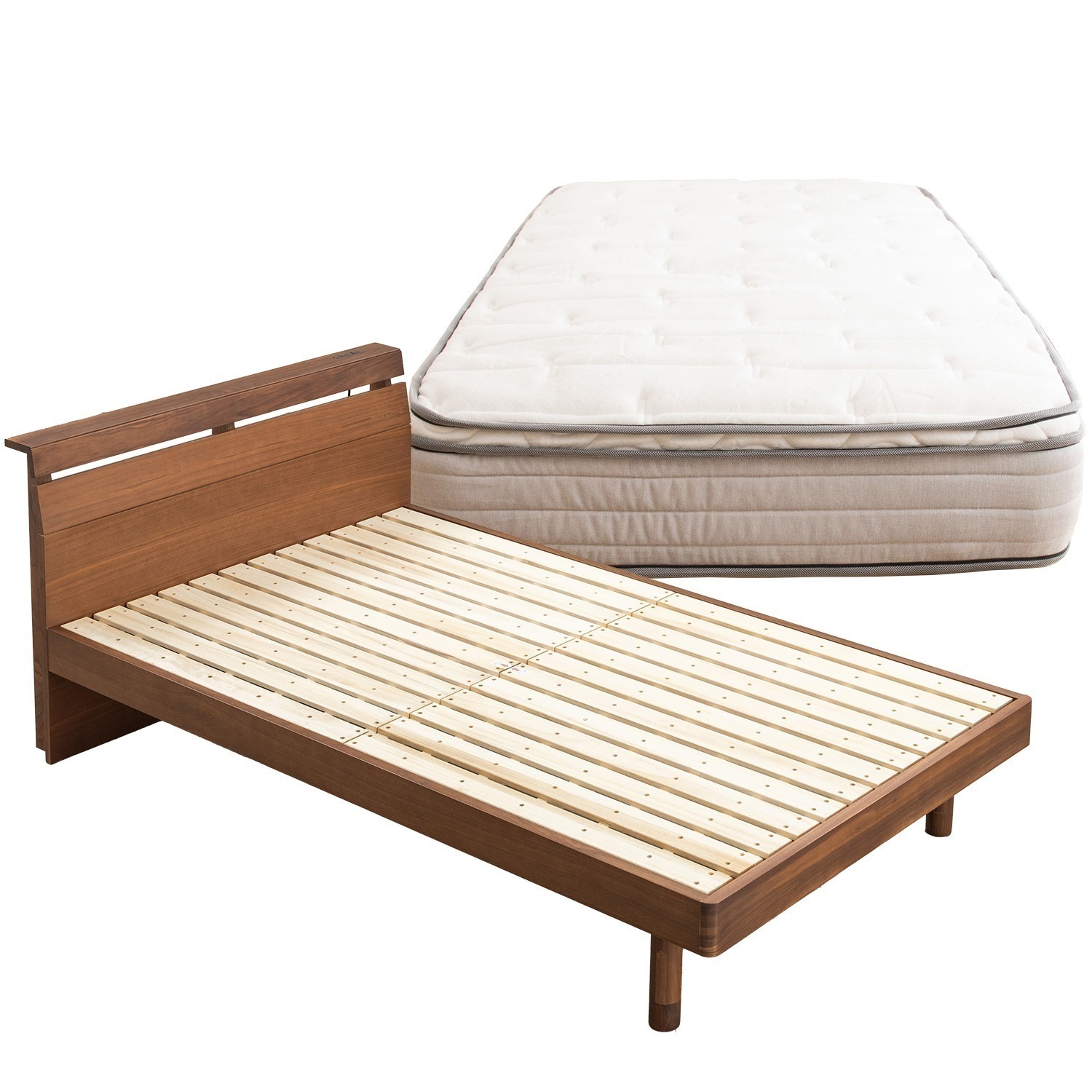 ベッド セミダブル ウォルナット 天然木 ウォールナット 無垢 頑丈すのこベッド セミダブルベッド ＋ マットレス付 脚 高さ調節 ポケットコイル 北欧風ベッド 木製ベッド 棚付きベッド