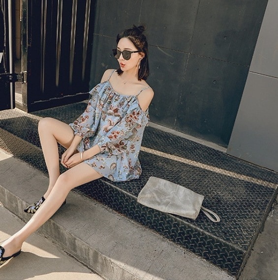 オフショルダートップス 花柄シフォントップス フリルシフォントップス カジュアルシフォントップス ボタニカルアート トップス シャツ カットソー プルオーバー 袖あり 長袖 ボリューム袖 Uネック