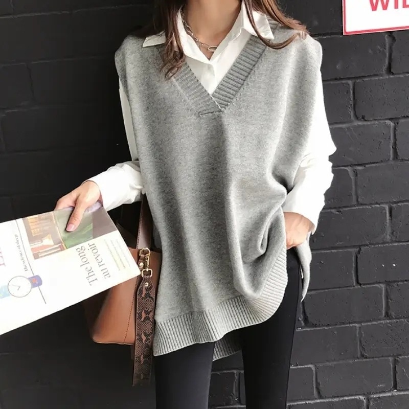 トップス セーター プルオーバー ベスト Vネック 袖なし ノースリーブ ビッグシルエット オーバーサイズ サイドスリット ハイゲージ ニット キュート かわいい 大人可愛い 大人女子 きれいめ