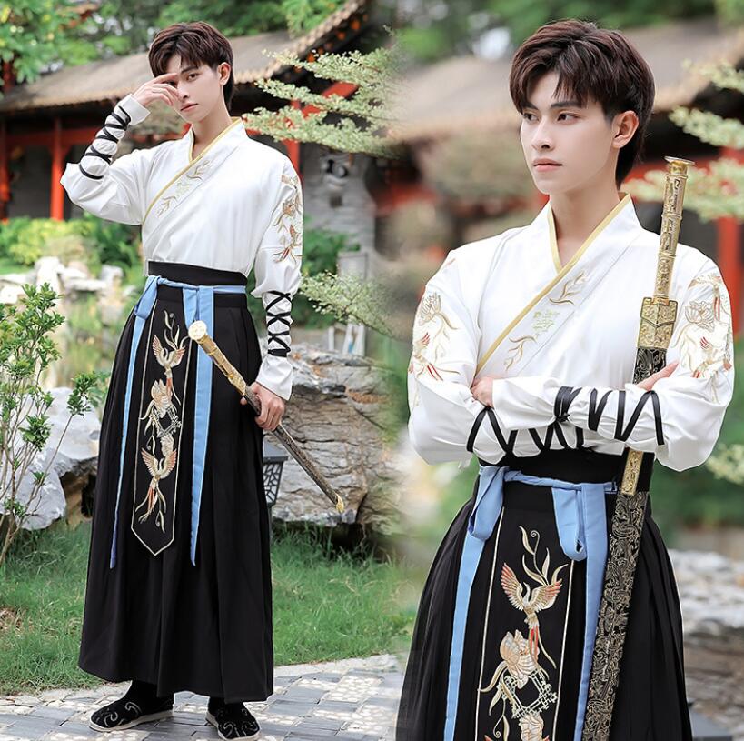 男性コスプレ衣装 メンズチャイナ服 漢服 唐装 中華服 上下セットアップ 長袖トップス ロング袴風スカート 金色フェニックス 花 刺しゅう エスニック 中国古代伝統民族衣装 中華風ハロウィン 仮装 変