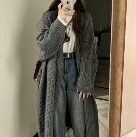 アウター カーディガン ロング丈 袖あり 長袖 襟なし デザイン ザックリ オーバーサイズ 美ライン ニュアンス 前開き ケーブルニット 伸縮性 ニット カラバリ かわいい 大人可愛い きれいめ
