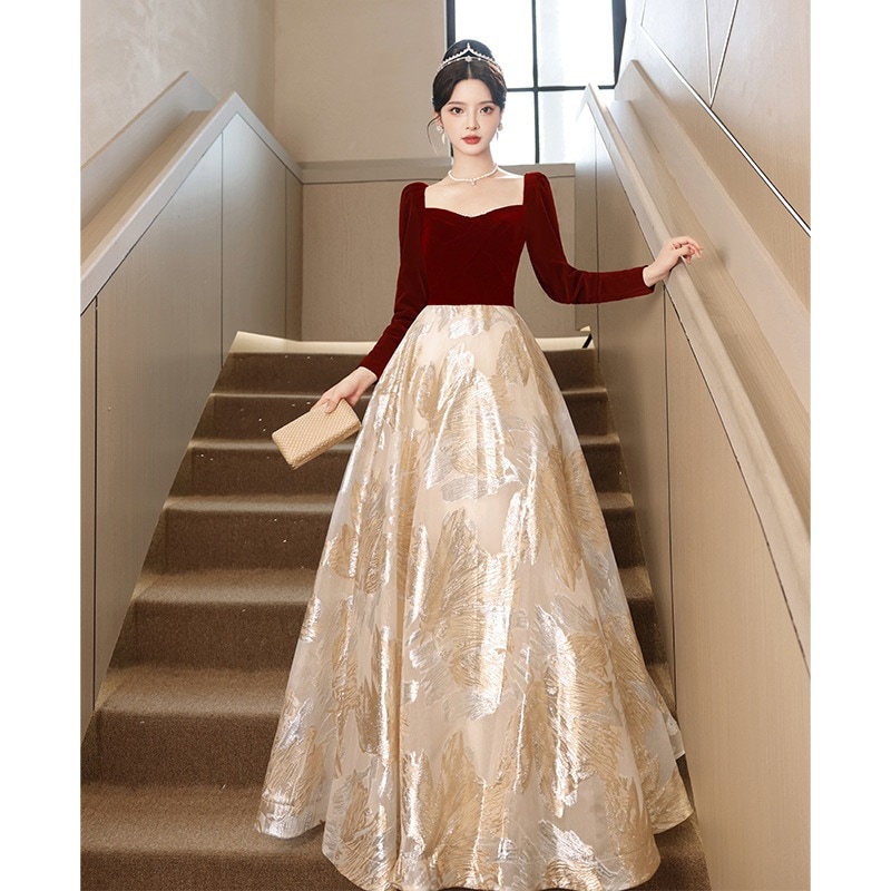 【2枚購入で 3oo円OFF！】ウェア花嫁 2025 長袖ウェディングレッド婚約ドレスロングドレス