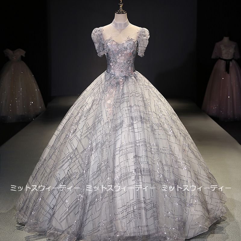 演奏会用ロングドレス カラードレス ステージドレス 発表会 グレー シルバー 大人 コンクール コン