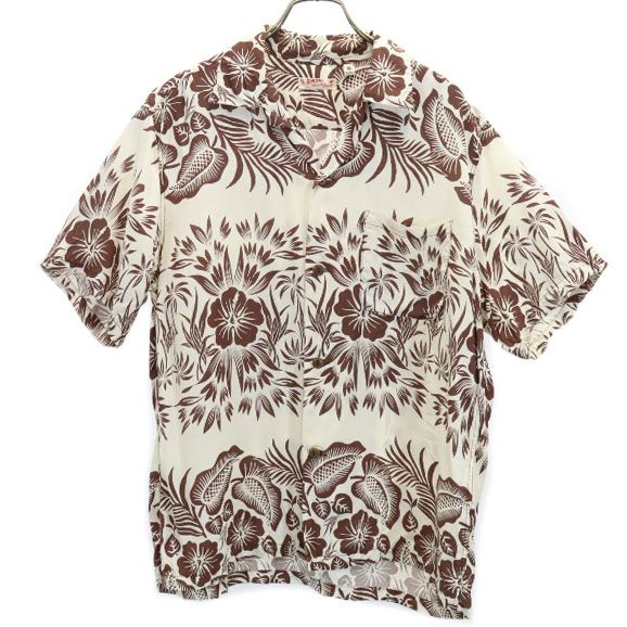 SS33315 花柄 半袖 レーヨン アロハシャツ M ブラウン×白 開襟 メンズ