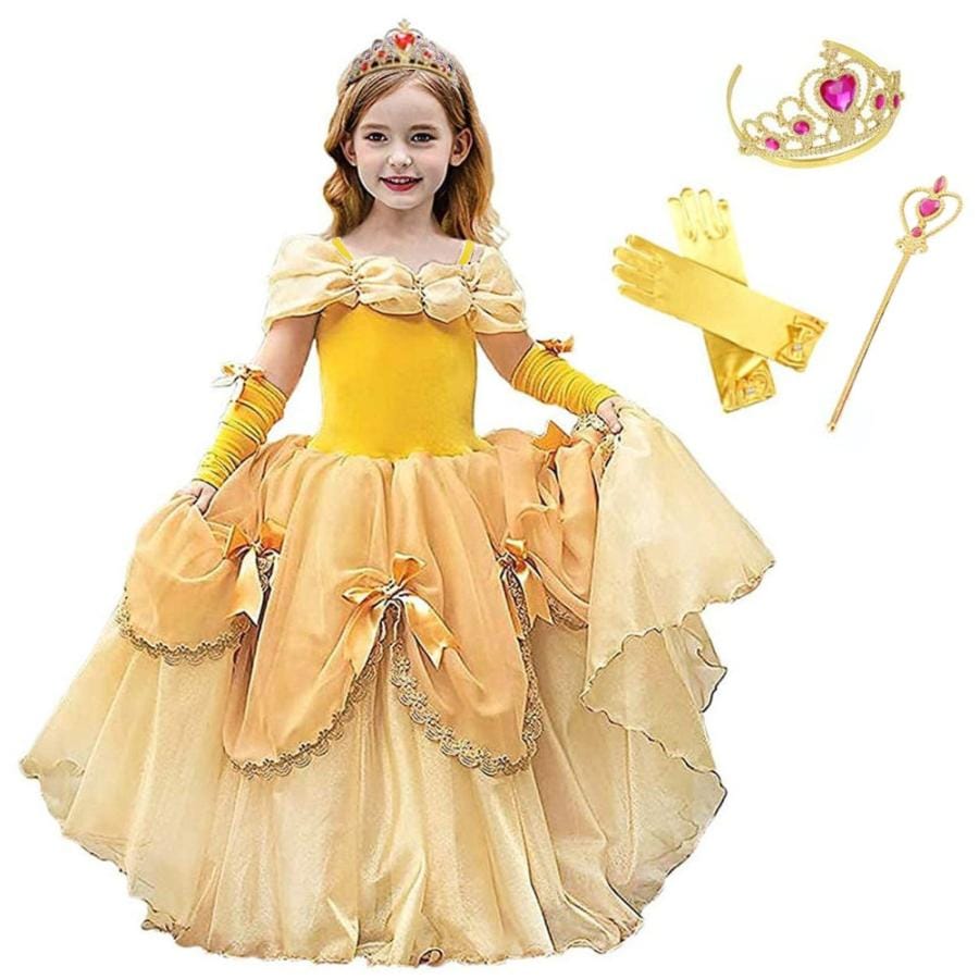[即纳]新作先行発売ベル ドレス 子供 コスプレ 衣装 美女と野獣 豪華５点 セット ( プリンセス ドレス アームカバー グローブ ティアラ ステッキ ) 100 110 120 130 140【短